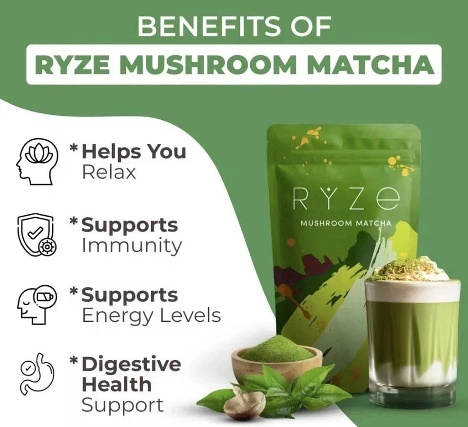 RYZE Mushroom Matcha, Organic Functional Mushroom Matcha Powder