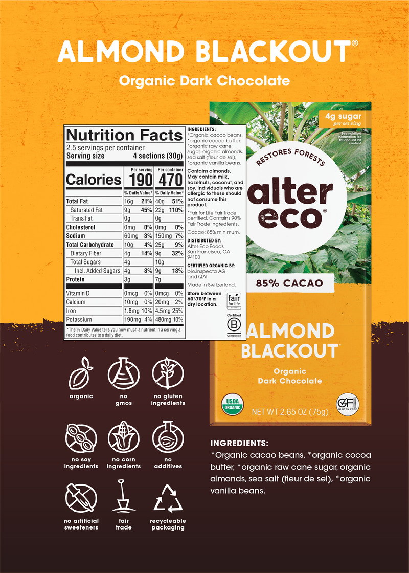 Alter Eco Almond Blackout Organic Dark Chocolate Bar 2.65 OZ Pack Of 4