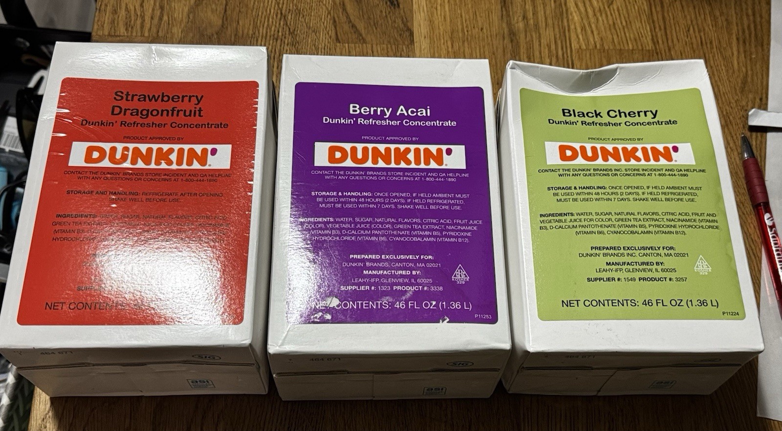 3 Dunkin Strawberry Dragonfruit Black Cherry & Berry Acai Refresher Concentrate