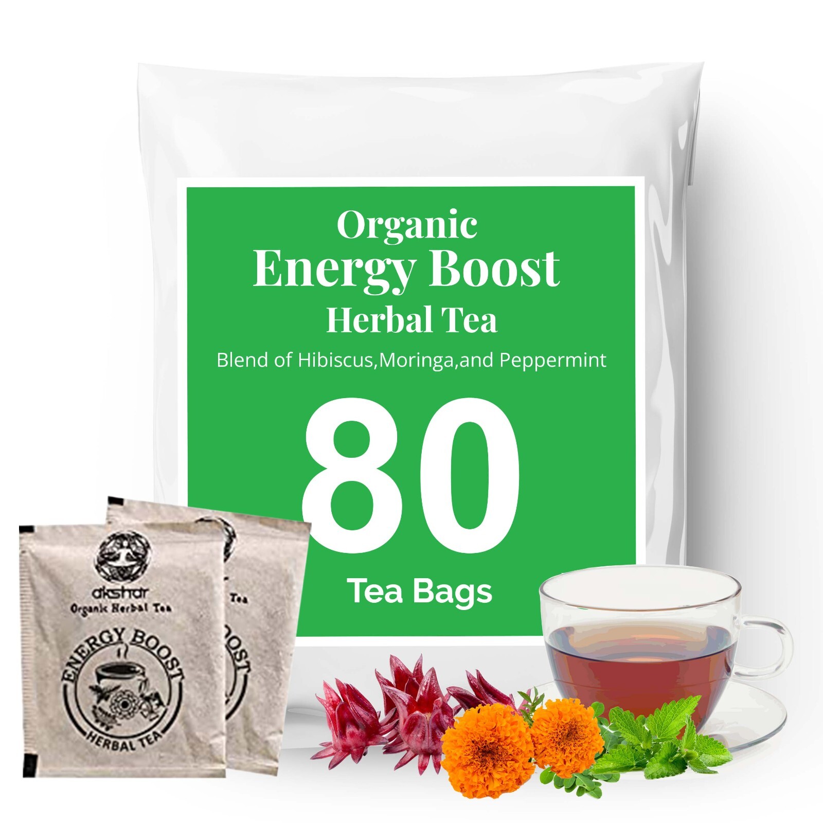 Organic Hibiscus Moringa Tea Blend, Hibiscus Flower Tea, Energy Booster 80 Bags