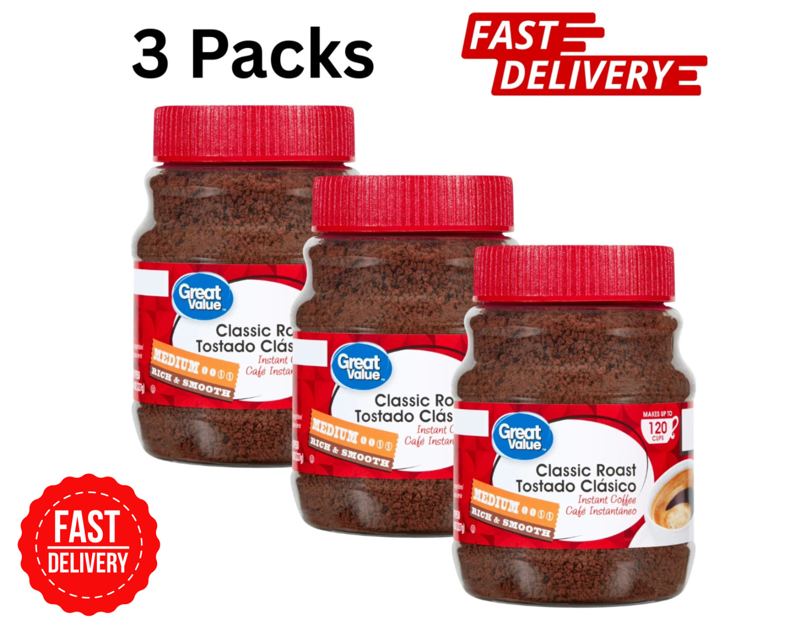 (3 pack) Great Value Classic Medium Roast Instant Coffee, 8 Oz