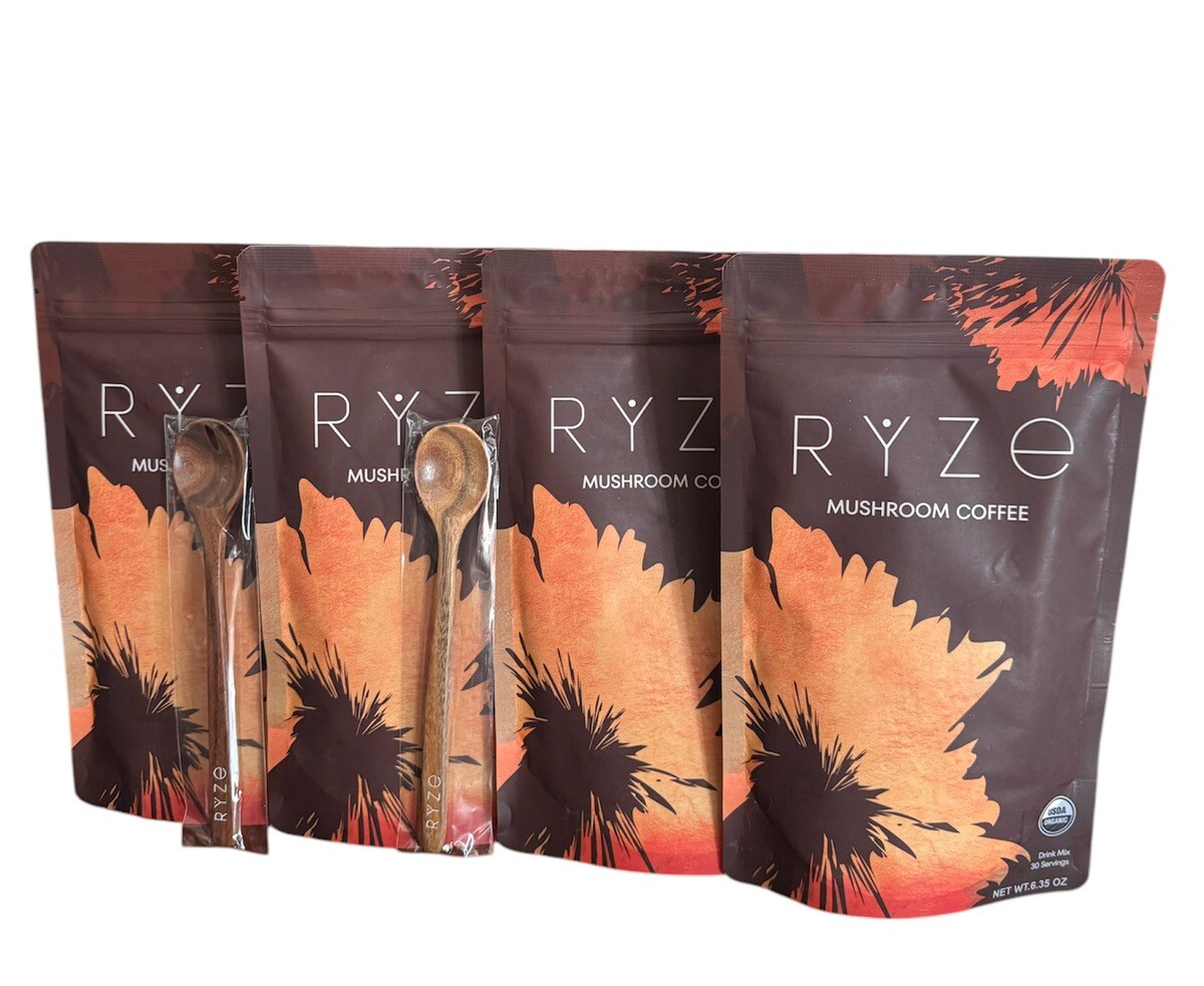 4 Pack Ryze Organic Mushroom Coffee W/ 2 RYZE Spoon 100% Authentic FREE SHIPPING