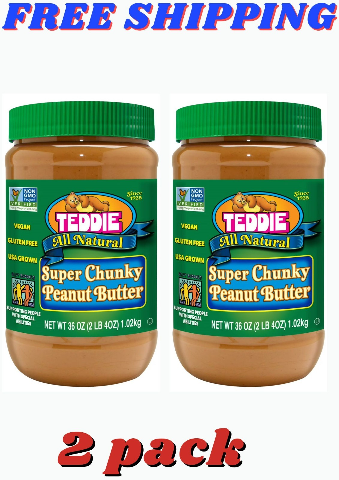 (2 pack) Teddie All Natural Super Chunky Peanut Butter, 36 oz