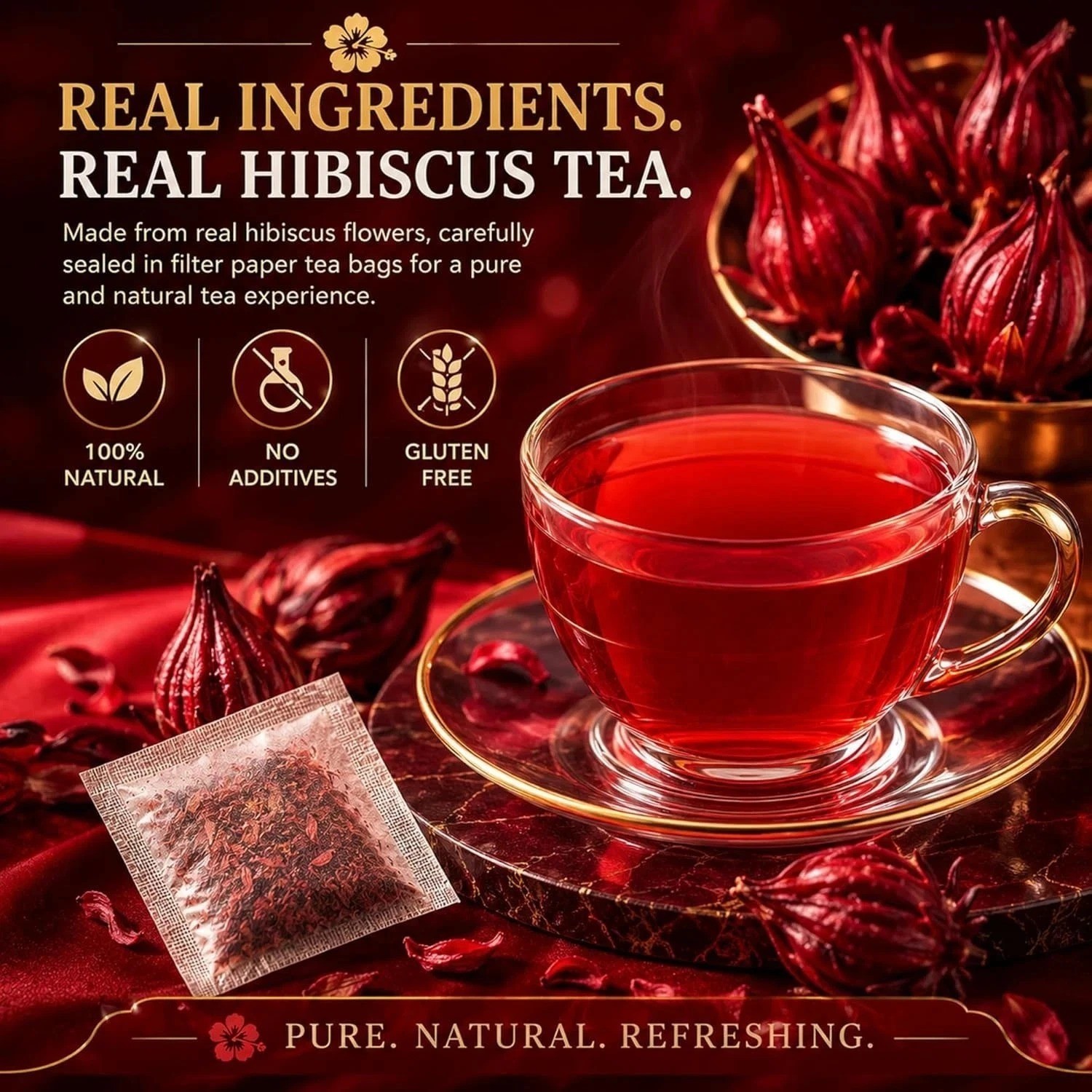 Premium 80 Hibiscus Flowers Tea Bags, 100% Natural, Handmade & Pure from Hibi