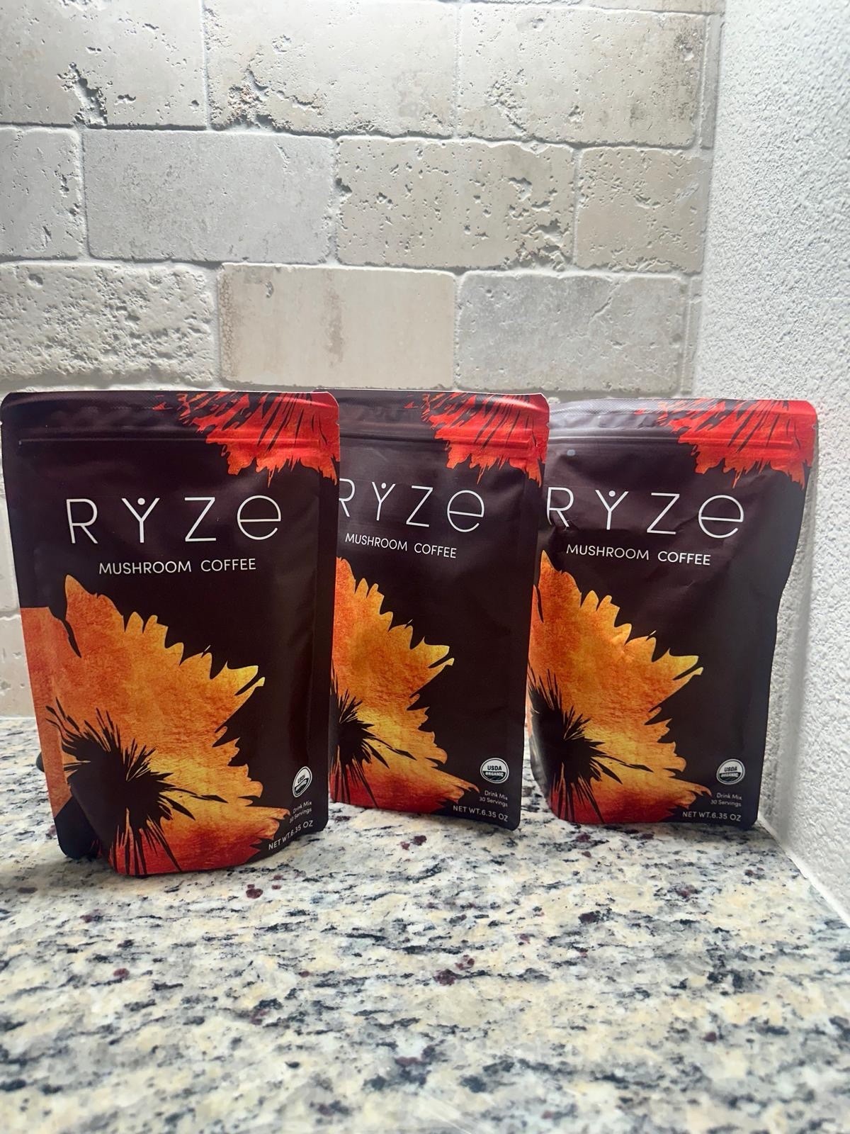 3Pack Ryze Mushroom Coffee. 6.35 oz Each .90 ServingTotal. No Sugar .100% Vegan