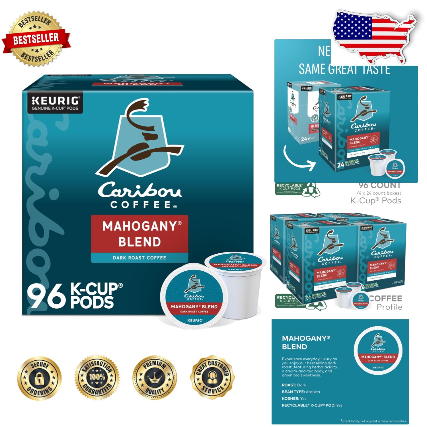 Mahogany K-Cup Coffee Pods: 96 ct Dark Roast, Vanilla Molasses, Kosher Certified