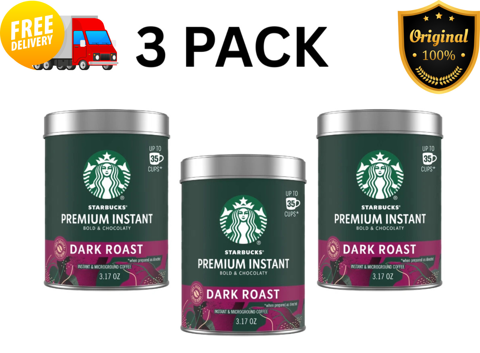 Starbucks Premium Instant Coffee Dark Roast 3.17 oz 3 Pack Strong Coffee