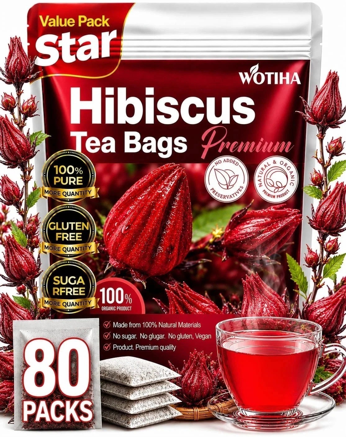 Premium 80 Hibiscus Flowers Tea Bags, 100% Natural, Handmade & Pure from Hibi