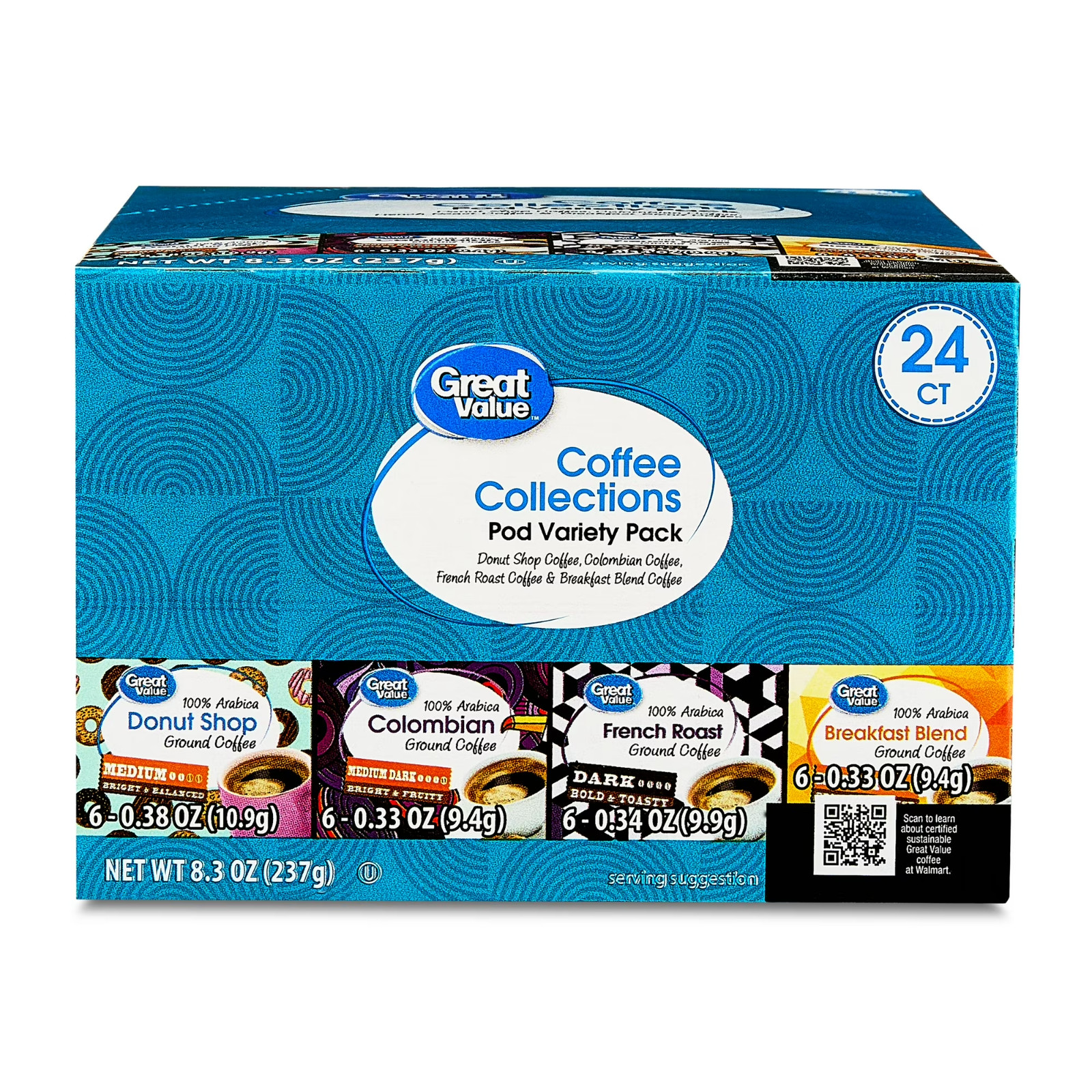 Great Value Unflavored Ground Coffee Pods Variety (Pack 8.3 oz 24 Count)
