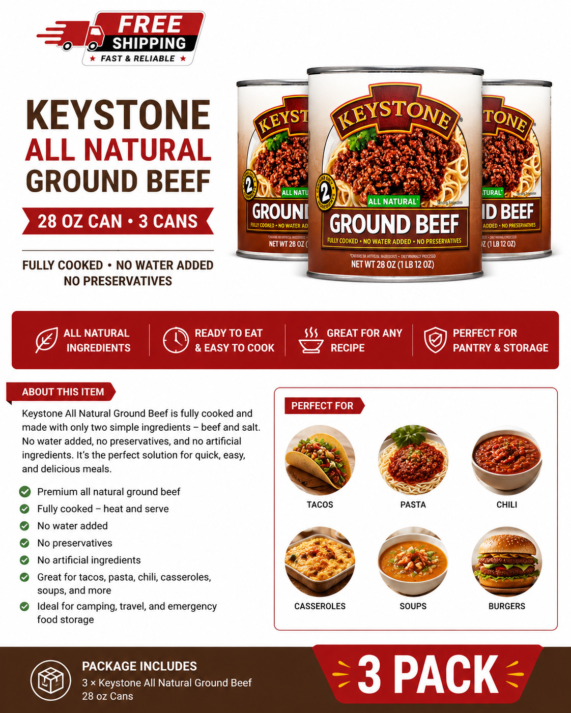 Free Shipping Keystone All Natural Ground Beef, 28 oz Can 3 cans