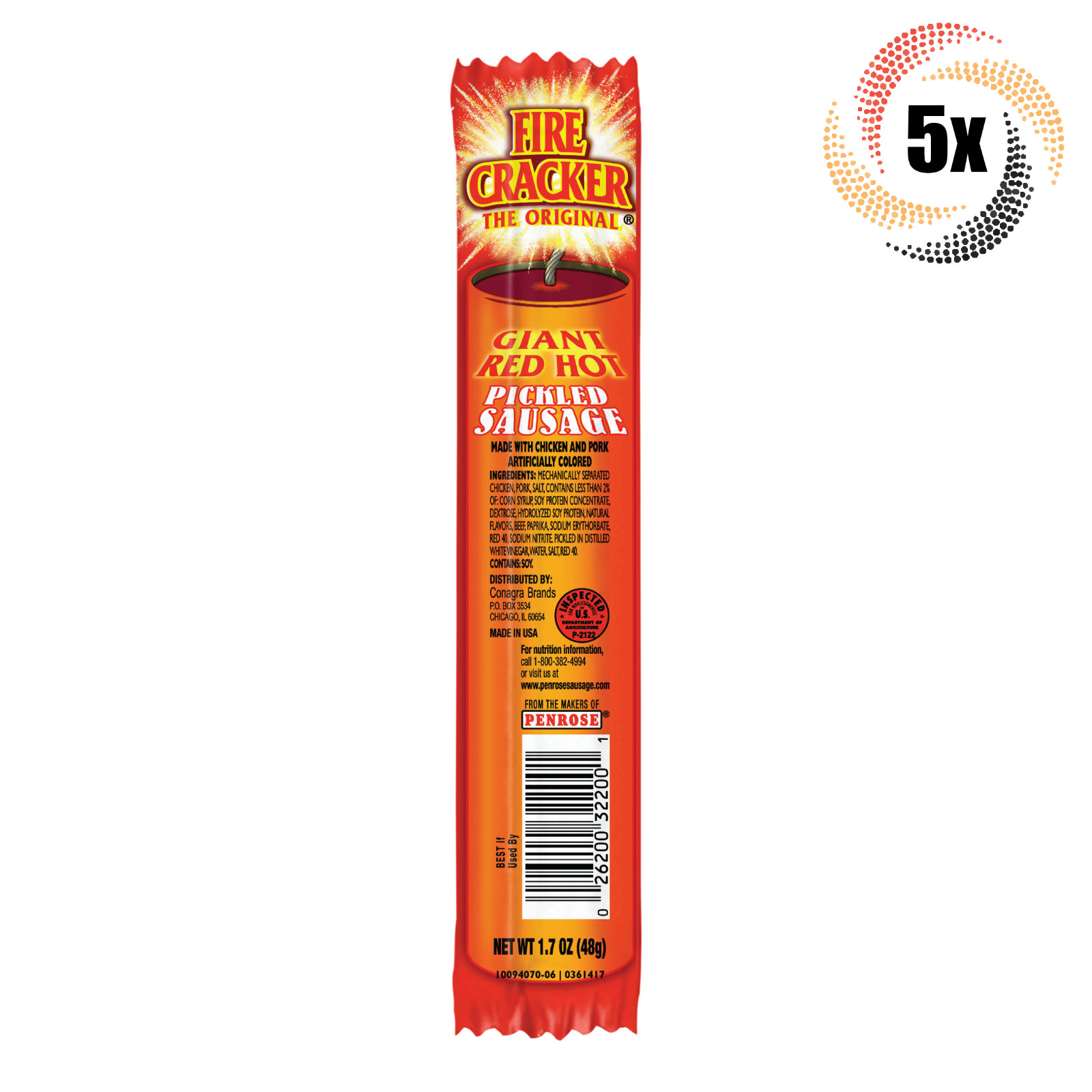 5x Sausages Fire Cracker Original Giant Red Hot Pickled Sausage | 1.7oz |