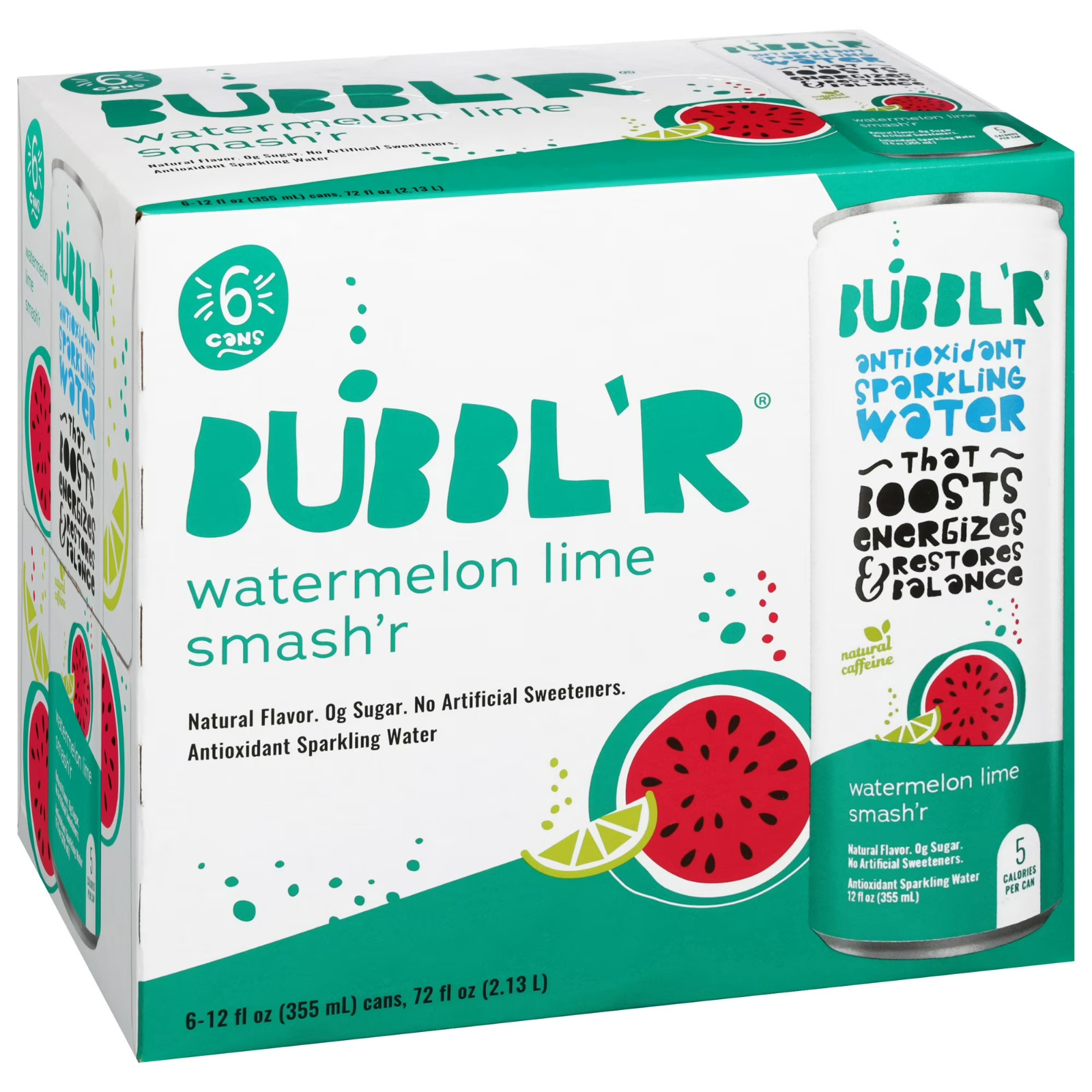 BUBBL’R Antioxidant Sparkling Water, Watermelon Lime Smash’r, 12 fl oz, 6 Pack C