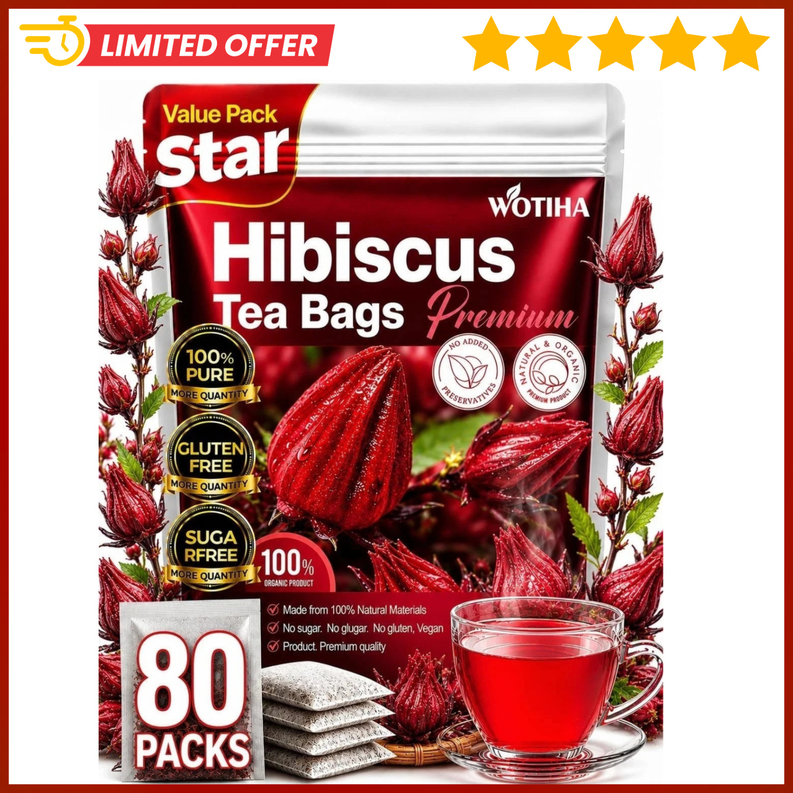 Premium 80 Hibiscus Flowers Tea Bags, 100% Natural, Handmade & Pure from Hibi