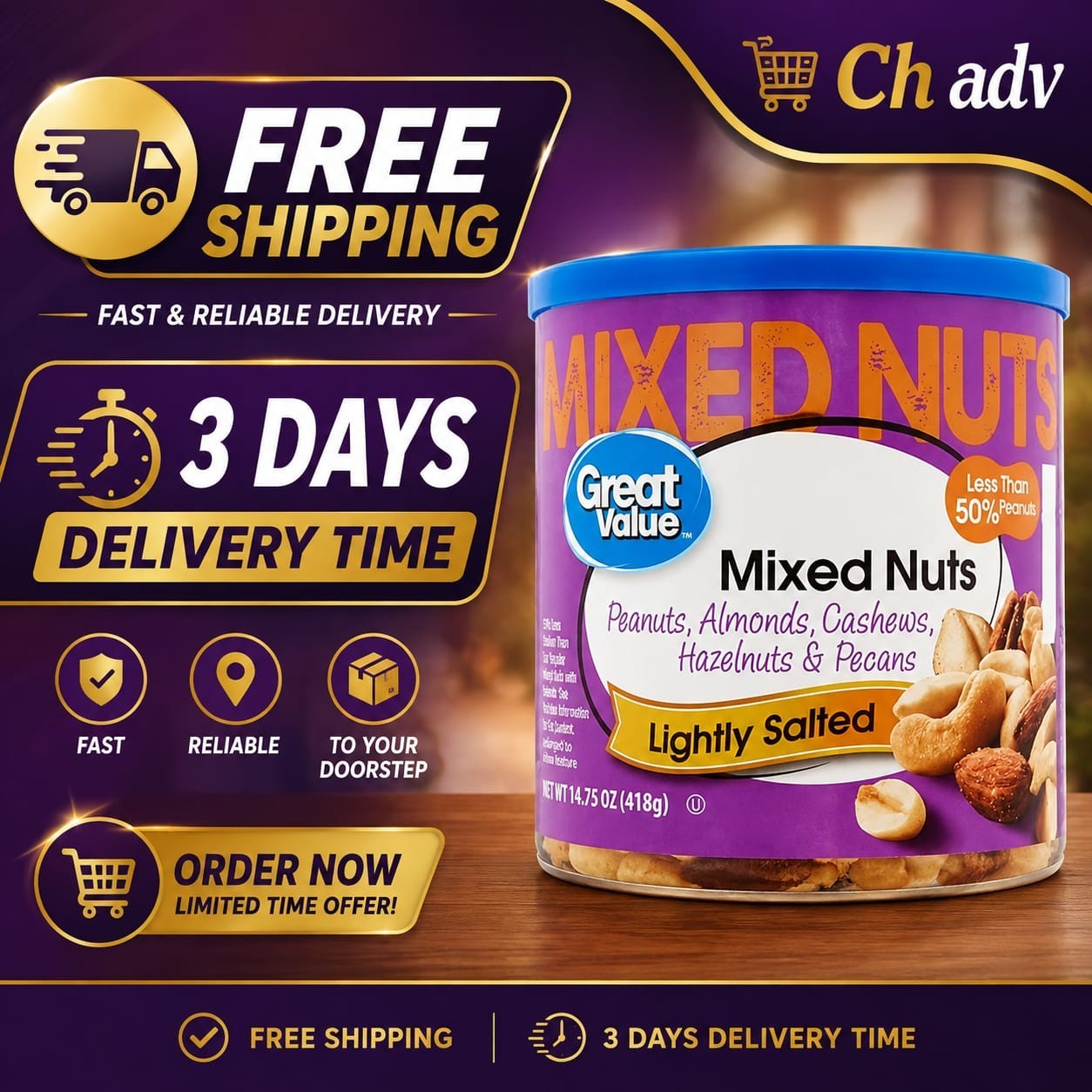 Great Value Roasted & Lightly Salted Mixed Nuts, 14.75 oz..