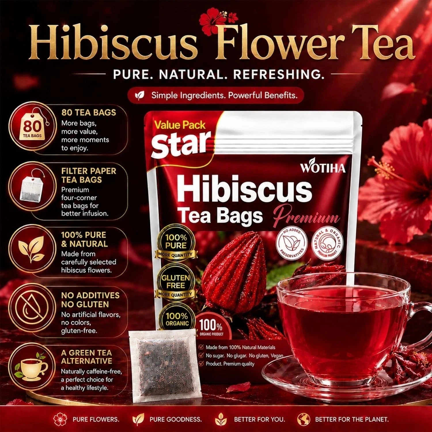 Premium 80 Hibiscus Flowers Tea Bags, 100% Natural, Handmade & Pure from Hibi