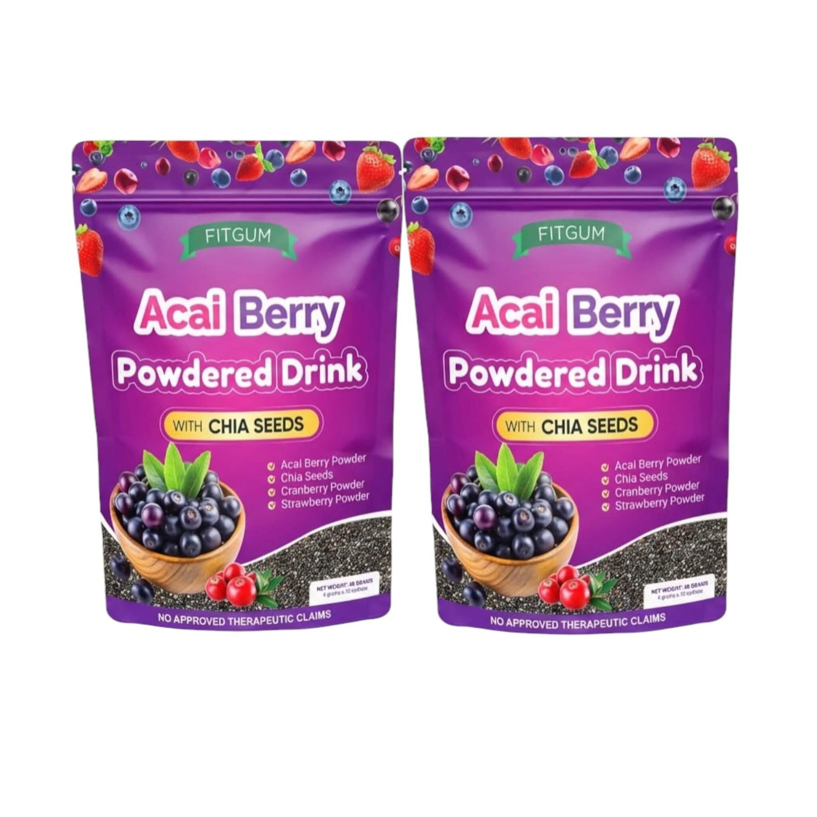 2 Packs FITGUM Acai Berry Drink w/ Chia Seeds 10 Sachets Easy Mix