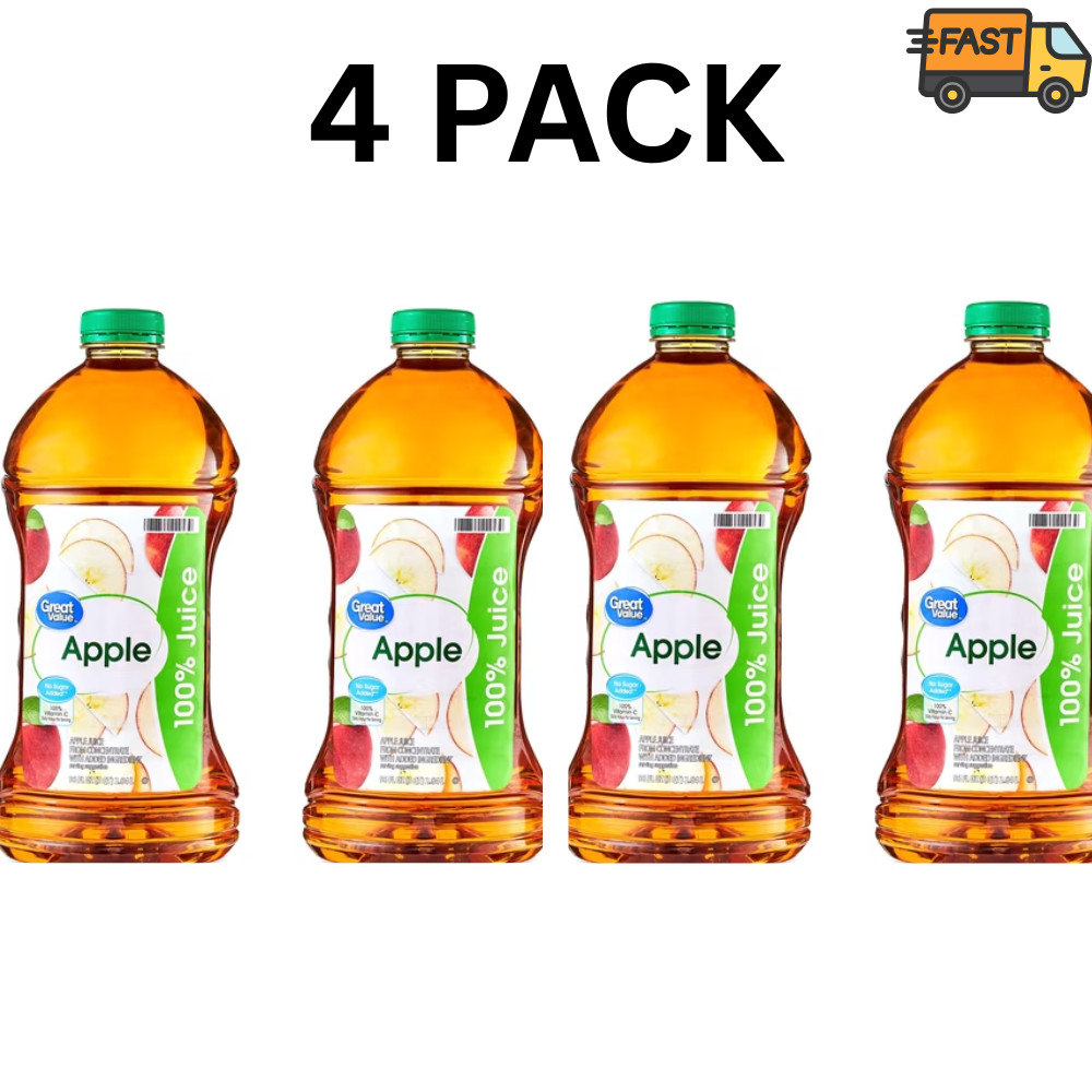 4 Pack Great Value 100% Apple Juice 96 fl oz Bottles