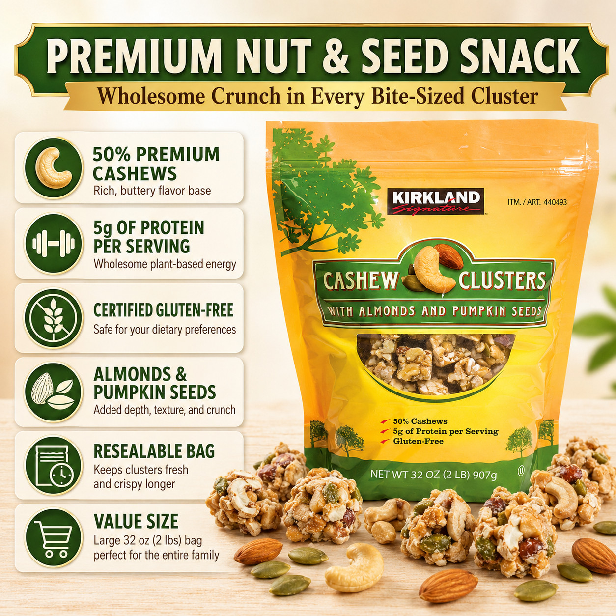 Kirkland Signature Cashew Clusters, 2 lbs