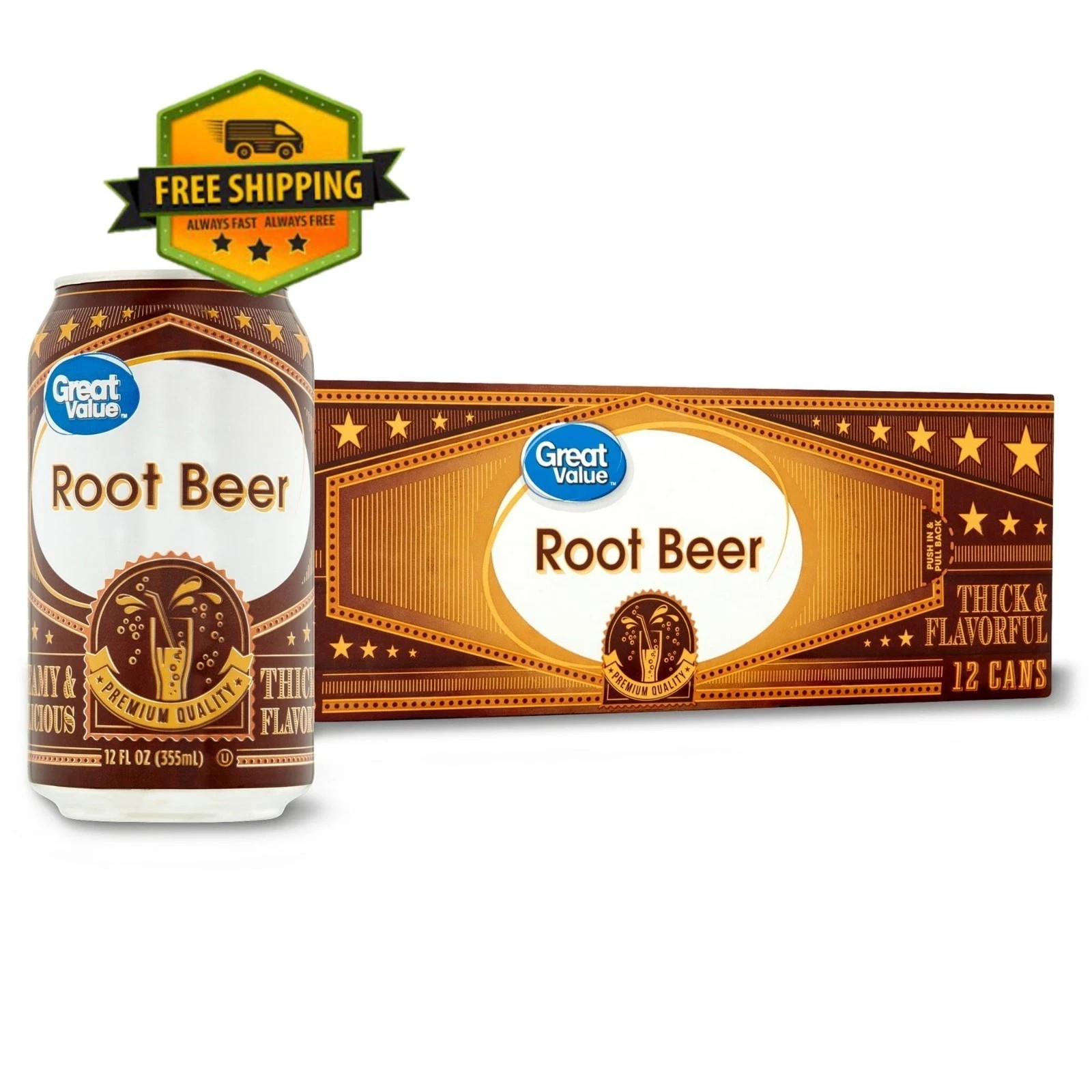 Great Value Root Beer Soda Pop – 12 fl oz, 12 Pack Cans