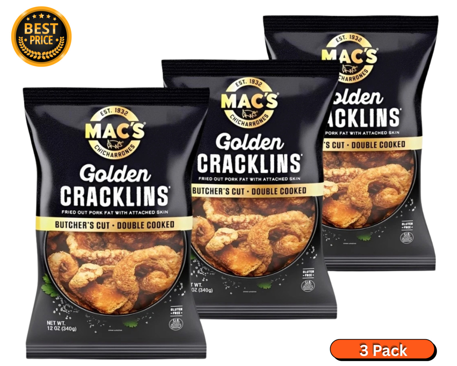 Mac’s Chicharrones Golden Cracklin Curls, Fried Pork Fat with Skin, 12 oz, 3Pack