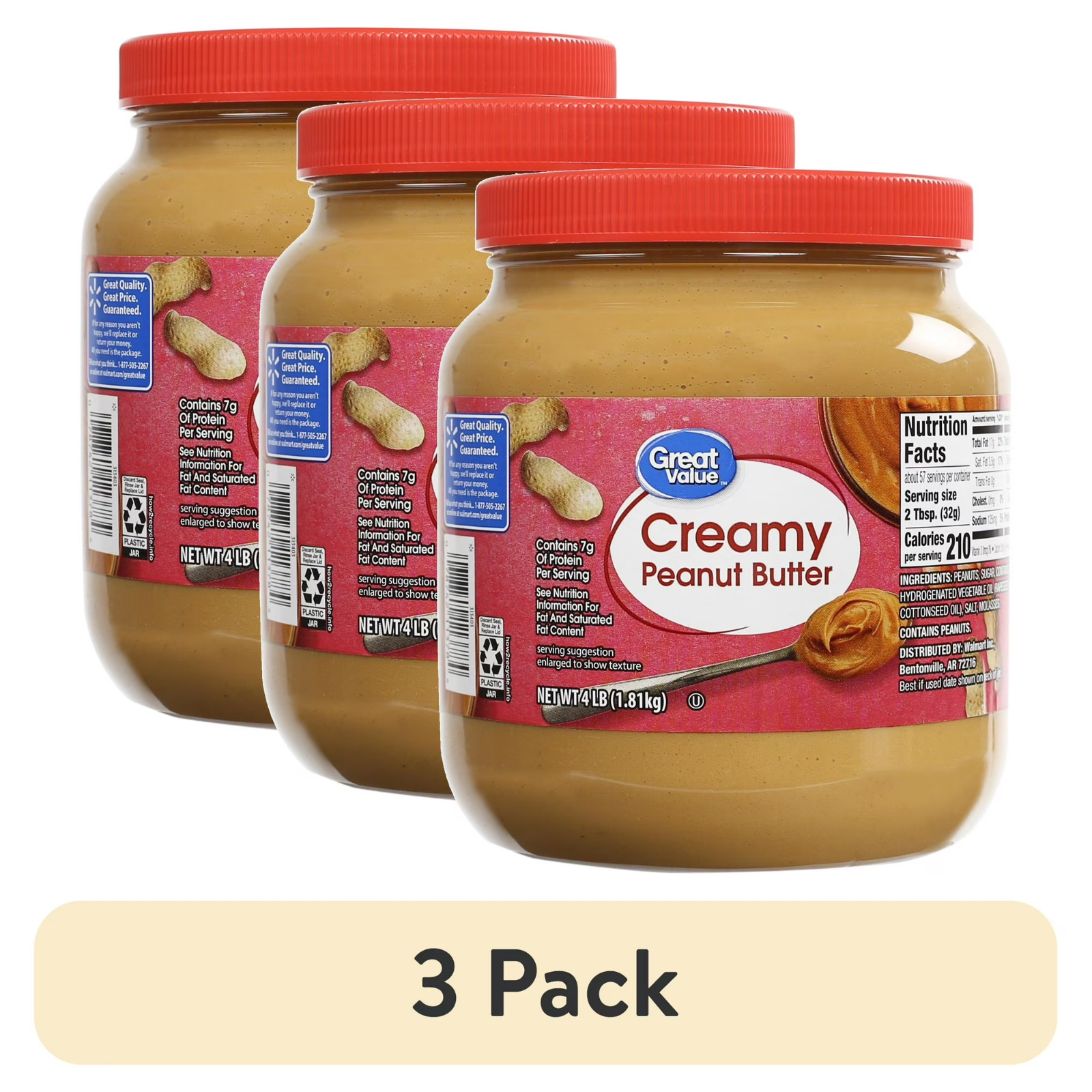 Great Value Creamy Peanut Butter, Spread, 64 oz Jar (3 Pack)