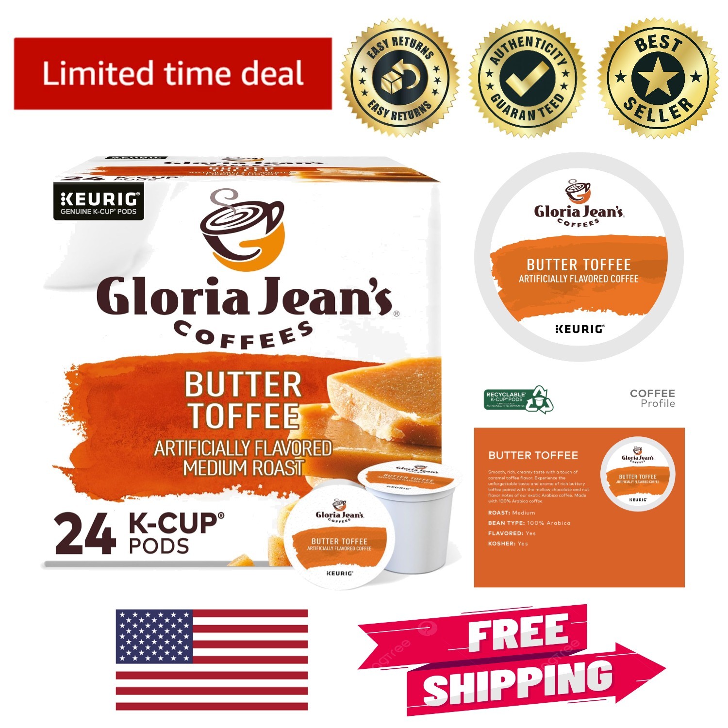 Gloria Jean’s Butter Toffee K-Cup Pods, 24 Count – Flavored Medium Roast Coffee