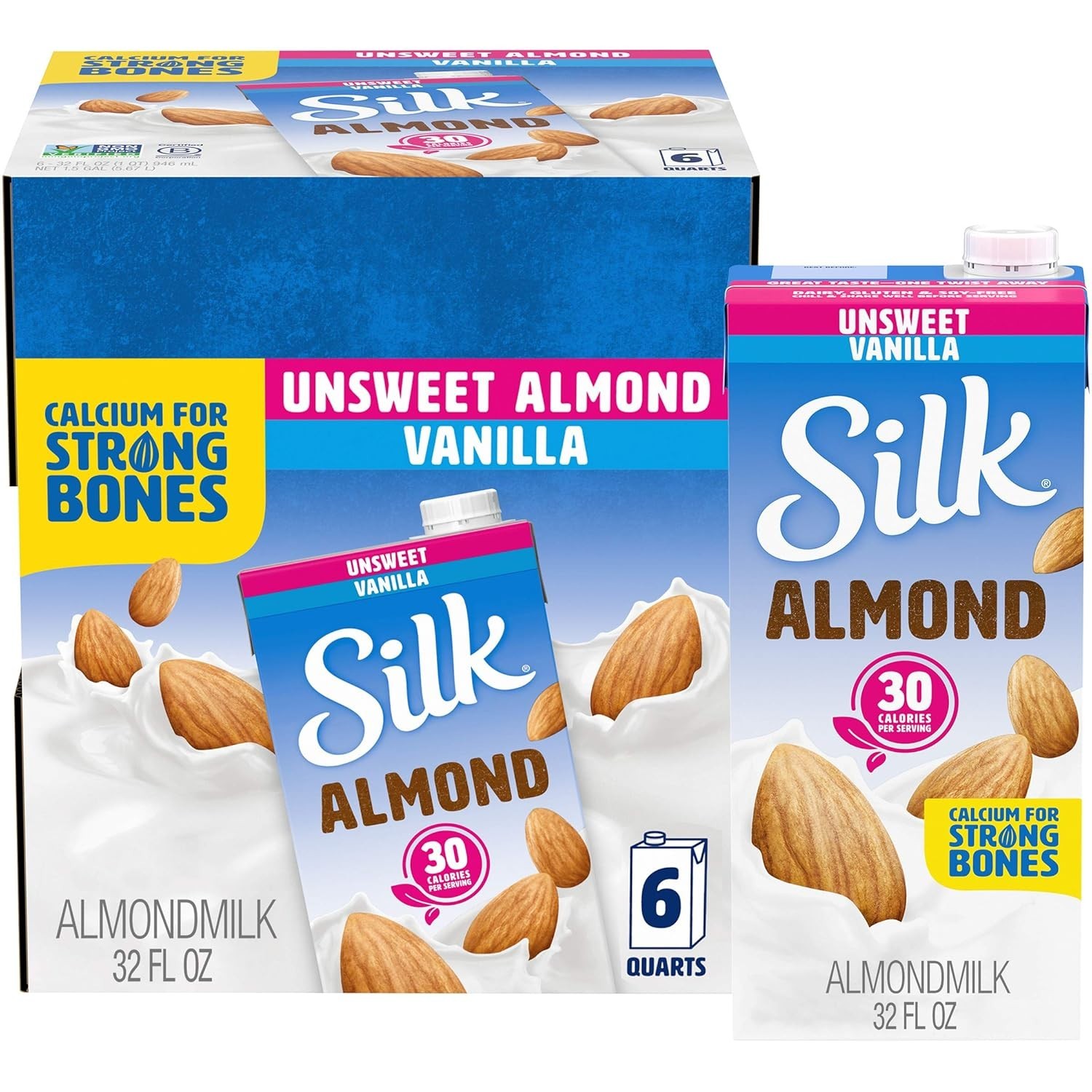Silk Unsweetened Vanilla Almond Milk Shelf Stable Dairy Free 1 Quart Pack of 6