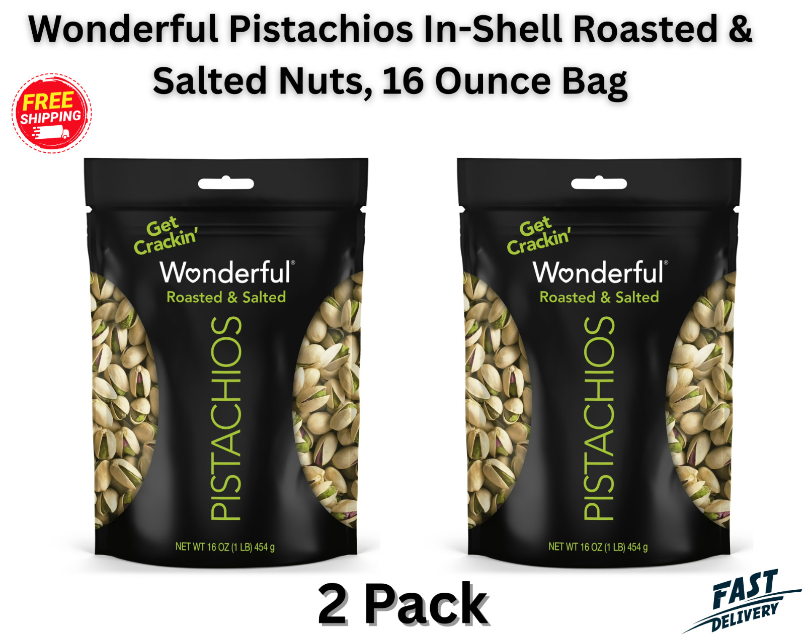 Wonderful Pistachios, In-Shell Roasted & Salted Nuts, 16 Ounce Bag (Pack of 2)