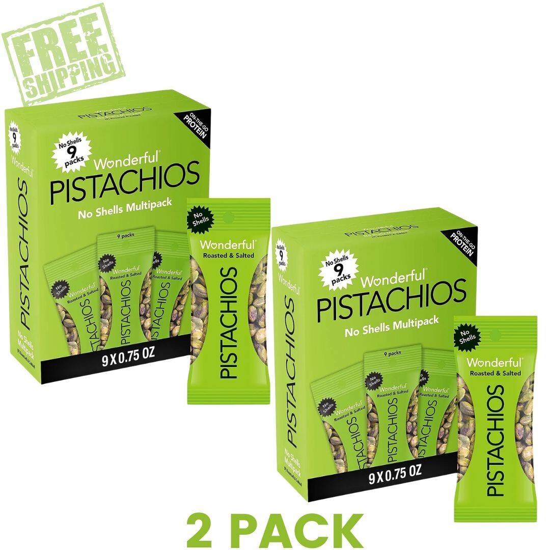 Wonderful Pistachios No Shells Roasted & Salted Nuts 0.75 Ounce 9 Bags, 2 Pack