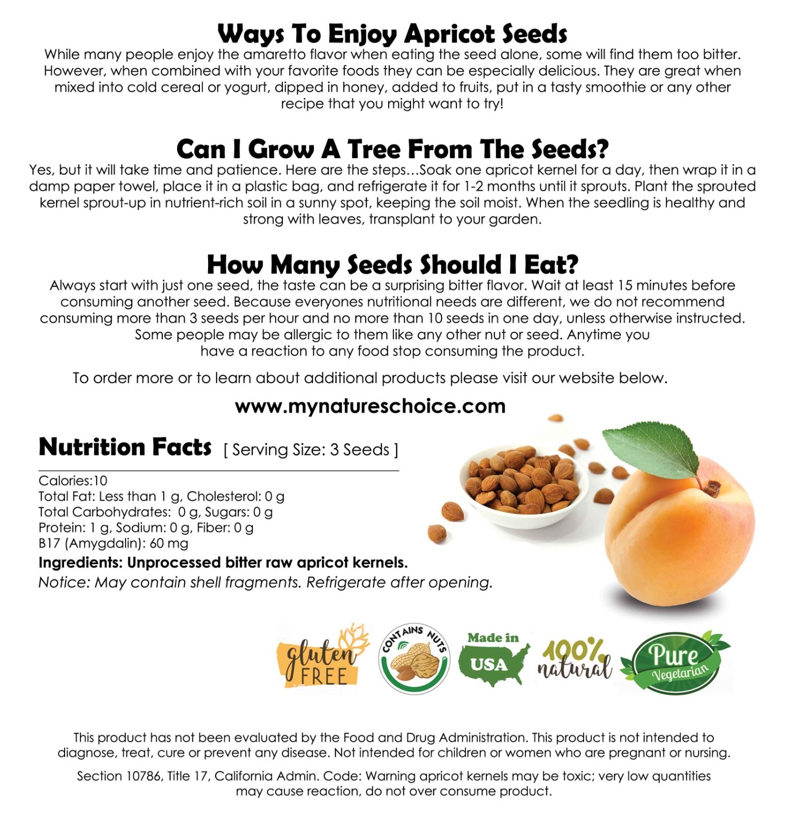 Bitter Apricot Kernels, USA Grown, All Natural, Organic 8oz