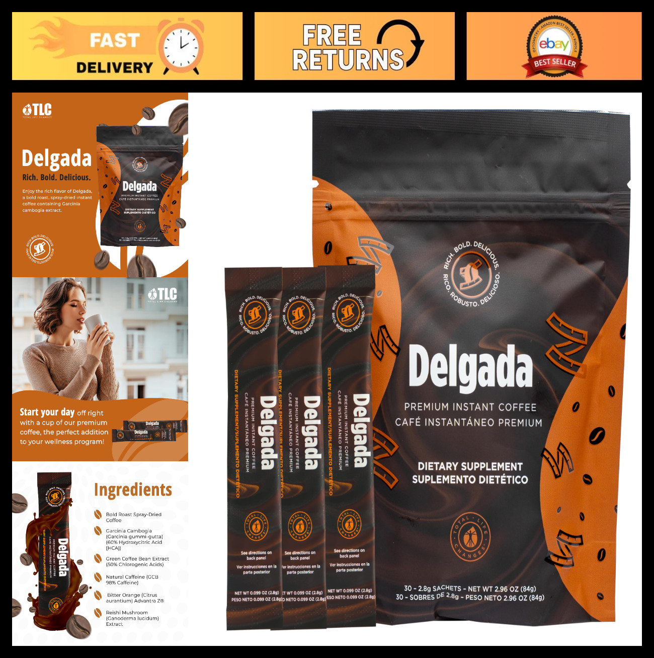 Premium Instant Coffee with Garcinia Cambogia & Ganoderma – 30 Sachets, Bold Fla