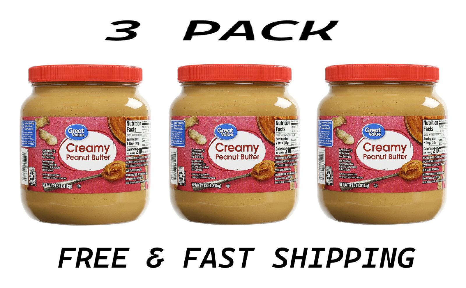Great Value Creamy Peanut Butter,Spread, 64 oz Jar (3 Pack) FREE & FAST SHIPPING