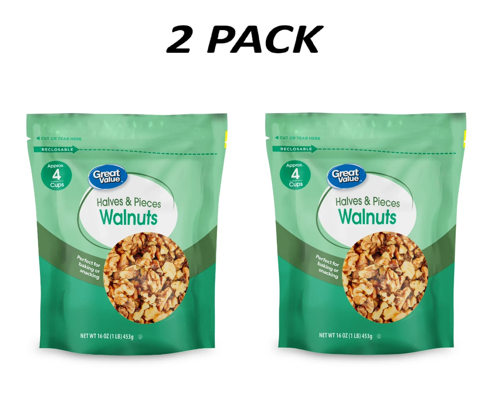 (2 PACK) Great Value Walnuts Halves & Pieces, 16 oz.
