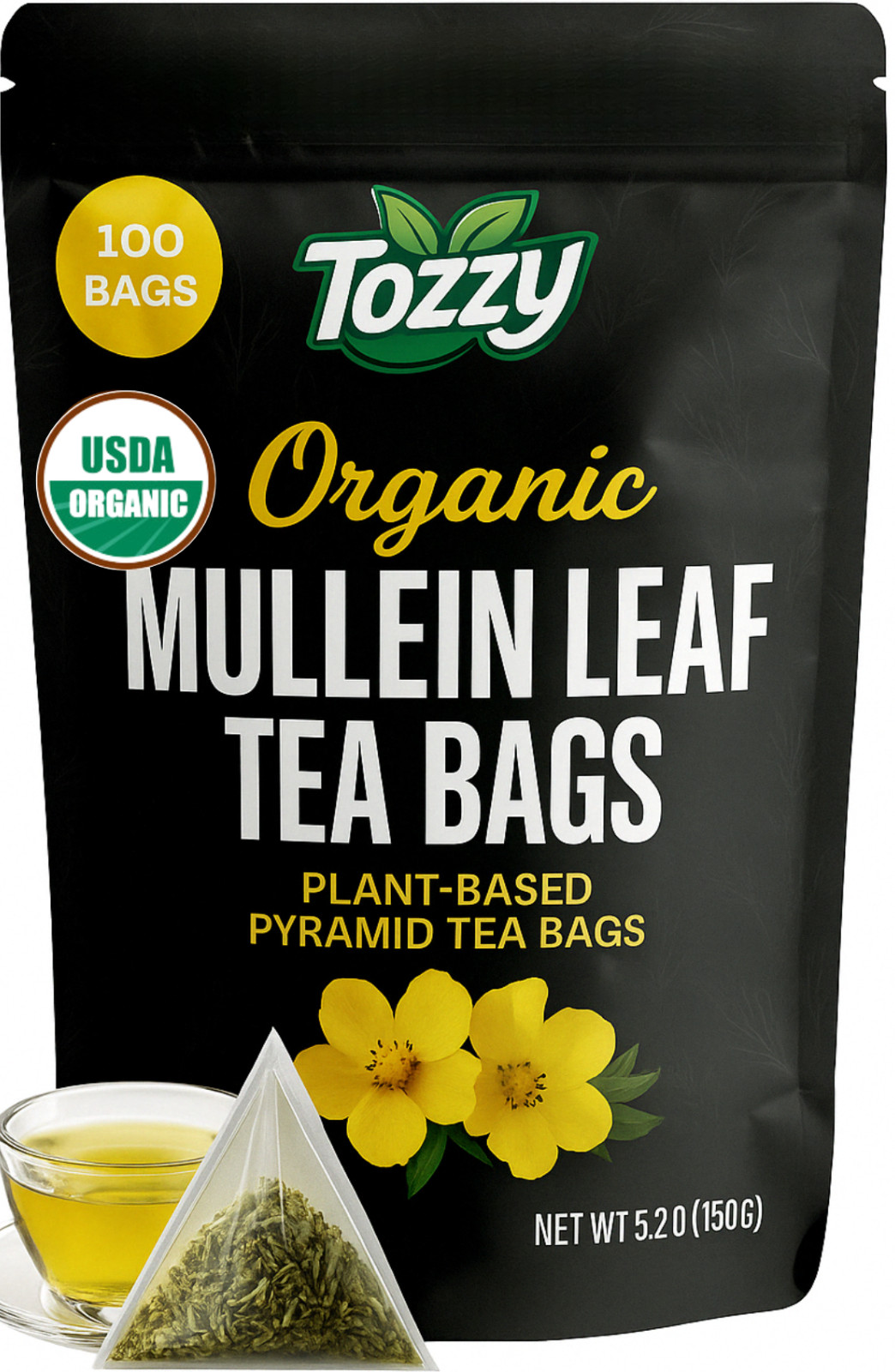 Organic Mullein Leaf Tea Bags – 100 Count (Plant-Based Pyramid Tea Bags)