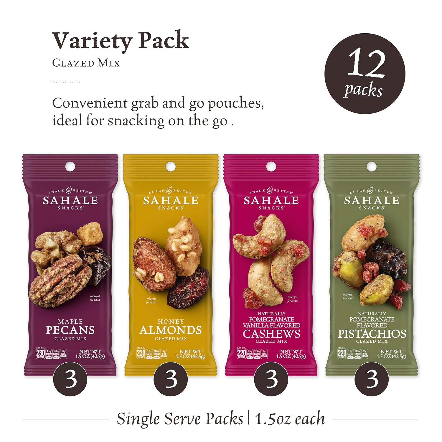 Sahale Snacks Glazed Mix Nut Blend Variety Pack, 1.5 Oz Grab & Go Bags (12 Total
