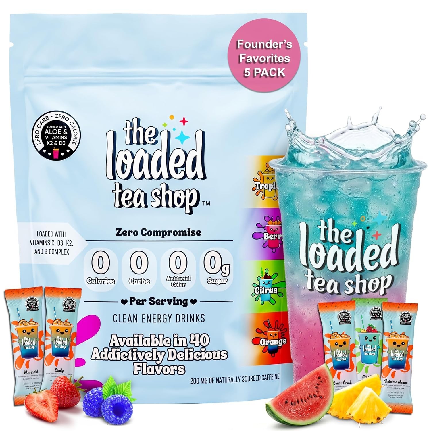 The Loaded Tea Shop Energy Drink Mix Sticks, Founder’s Favorites 5 Pack, Sugar-F