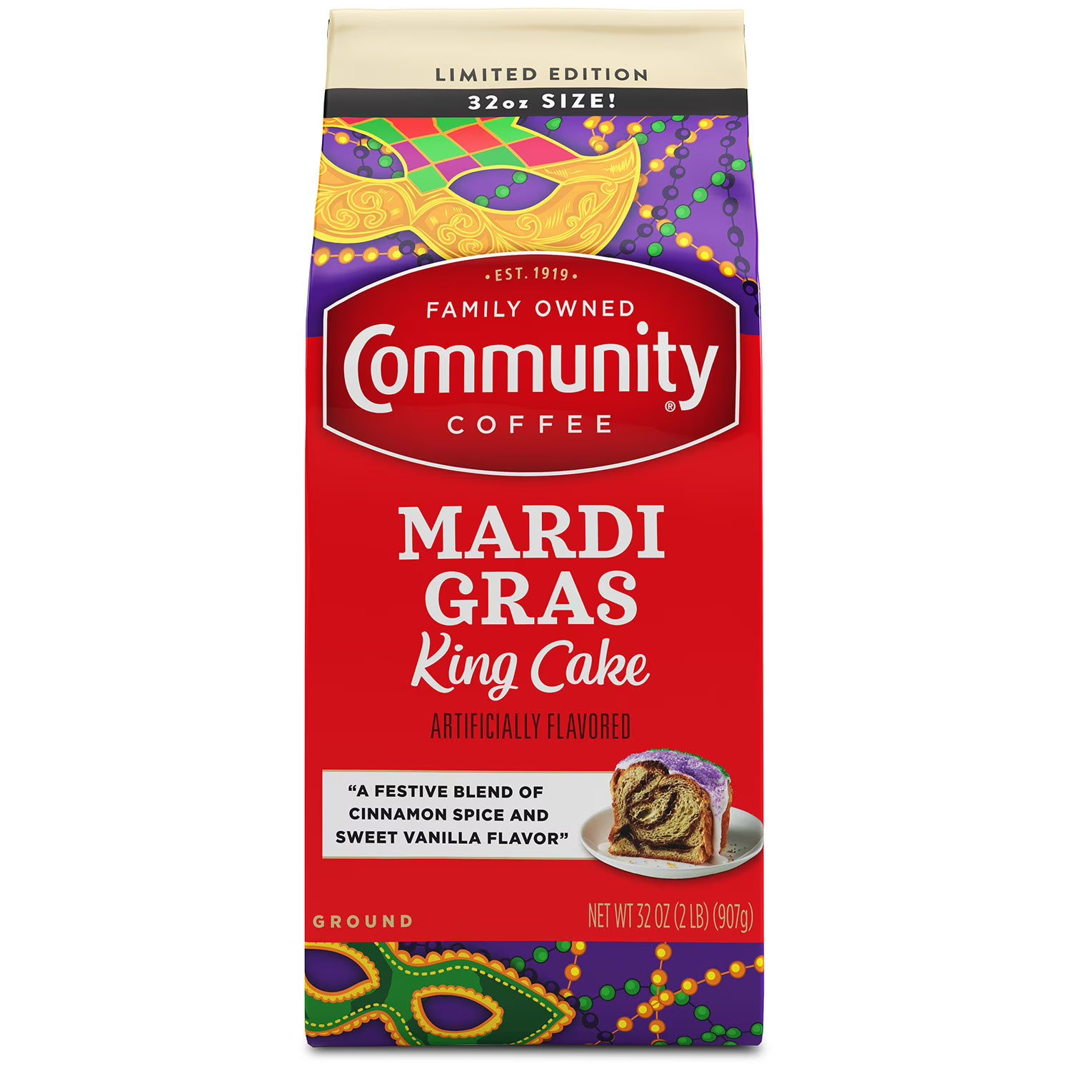 Community Coffee Ground Coffee, Mardi Gras King Cake, 32 Ounce