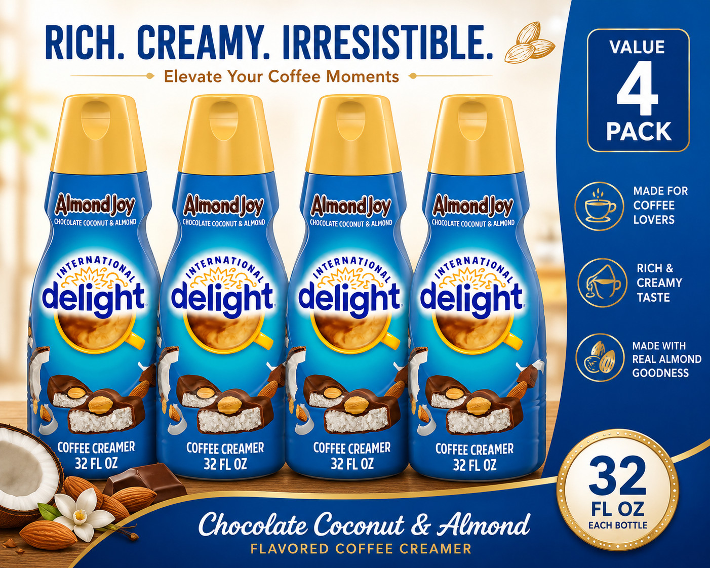 International Delight ALMOND JOY Coffee Creamer, 32 fl oz Bottle 4 packs