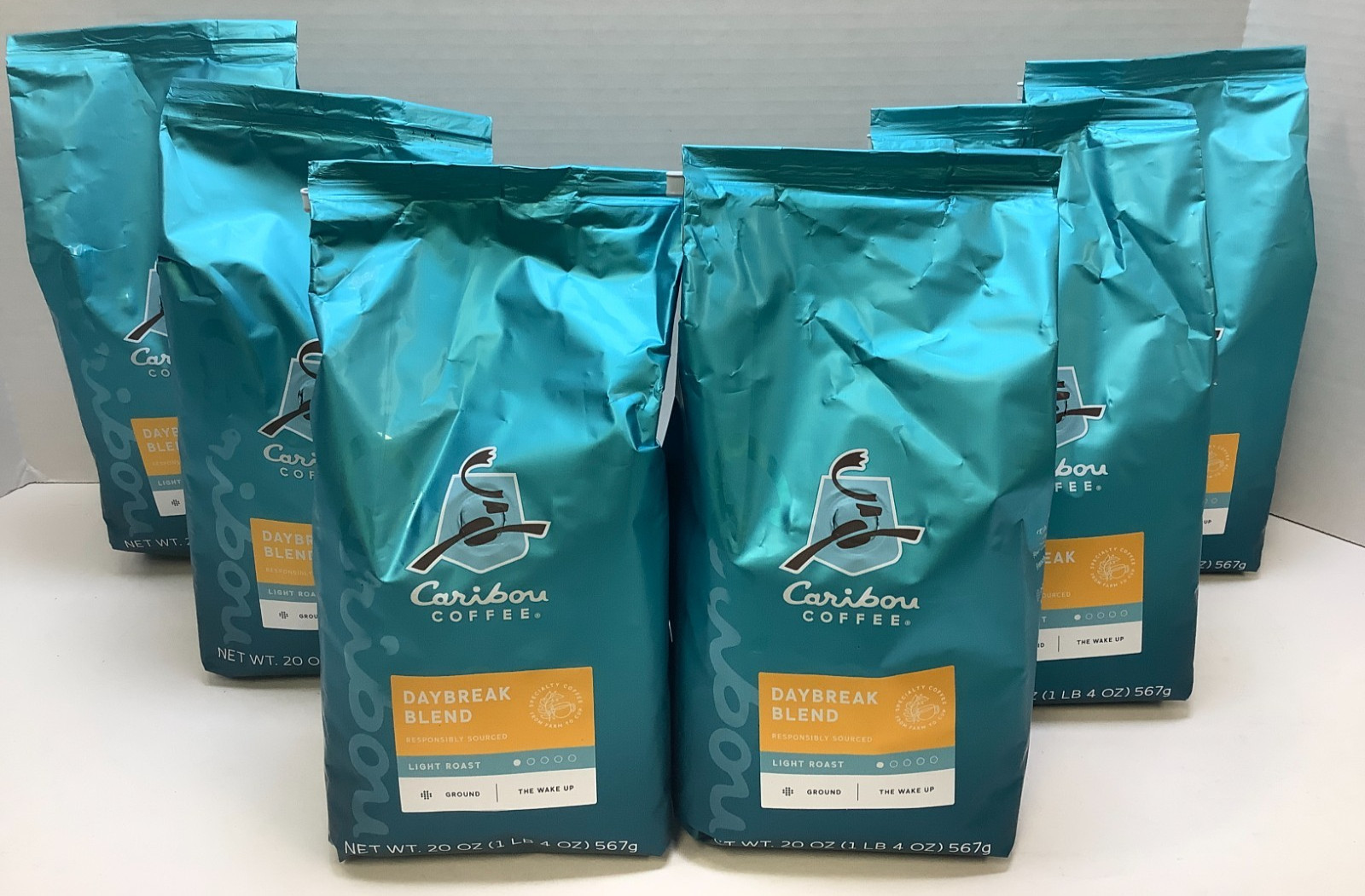 Caribou Coffee Daybreak Blend, Light Roast, 20oz, Ground Coffee, 6pk, 05/2027