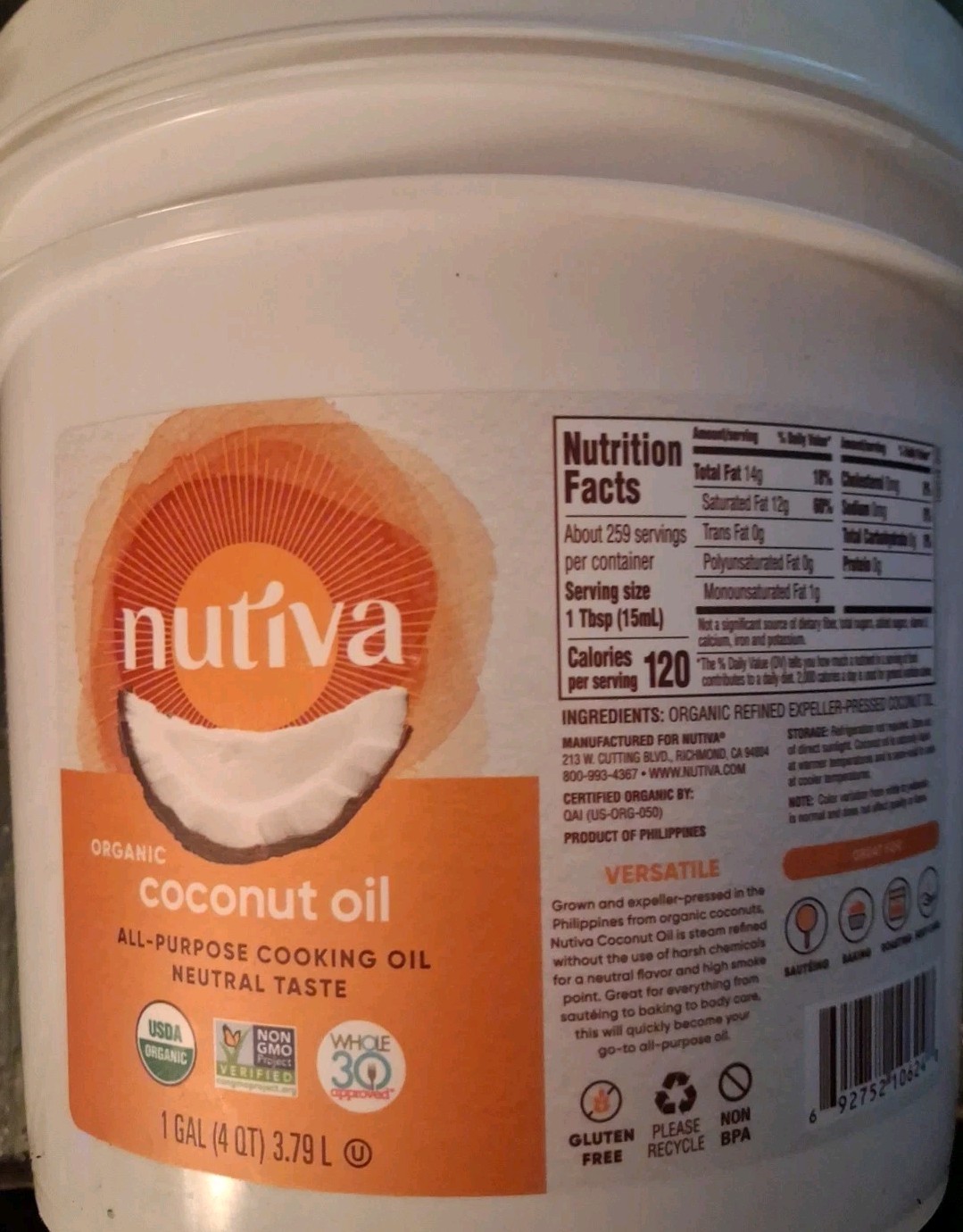 Nutiva Organic Refined Coconut Oil 128oz Cooking Baking Multipurpose