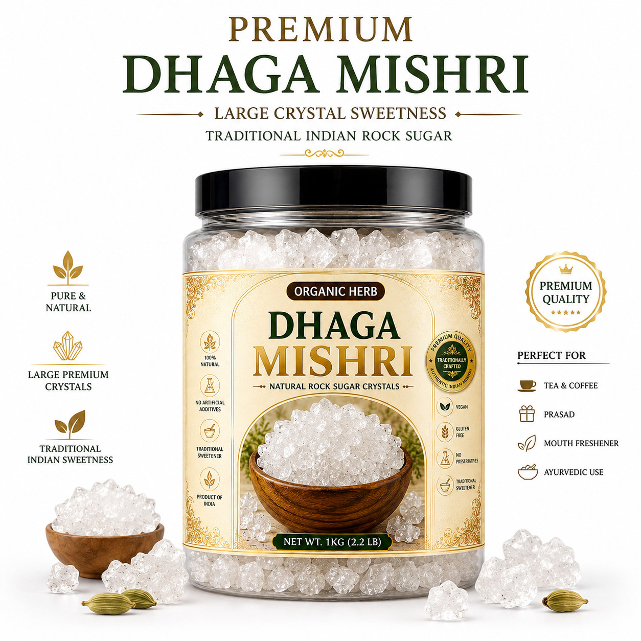Organic Herb Dhaga Mishri Thread Rock Sugar Crystals Premium 8oz 227g Natural