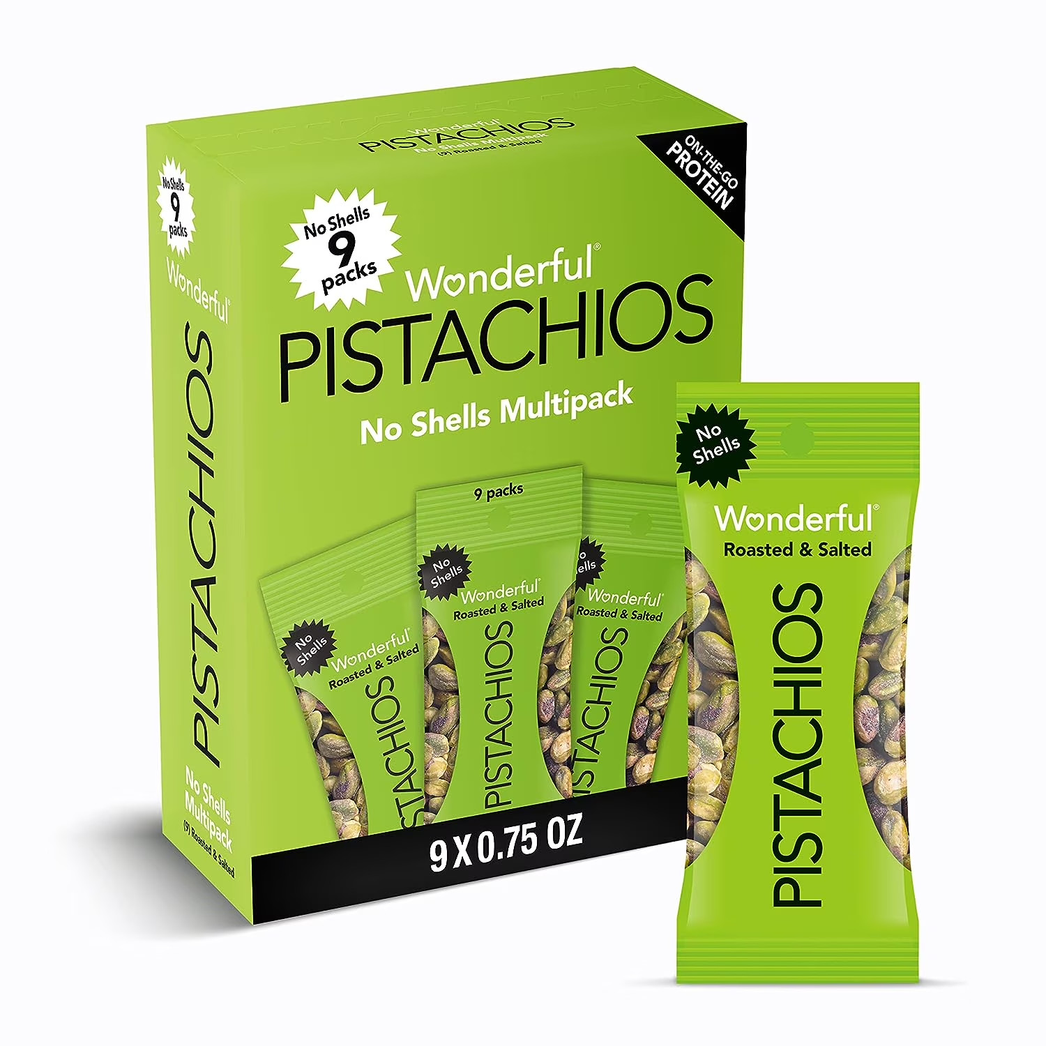 Wonderful Pistachios, No Shells Roasted & Salted Nuts, 0.75 Ounce Bags Pack of 9