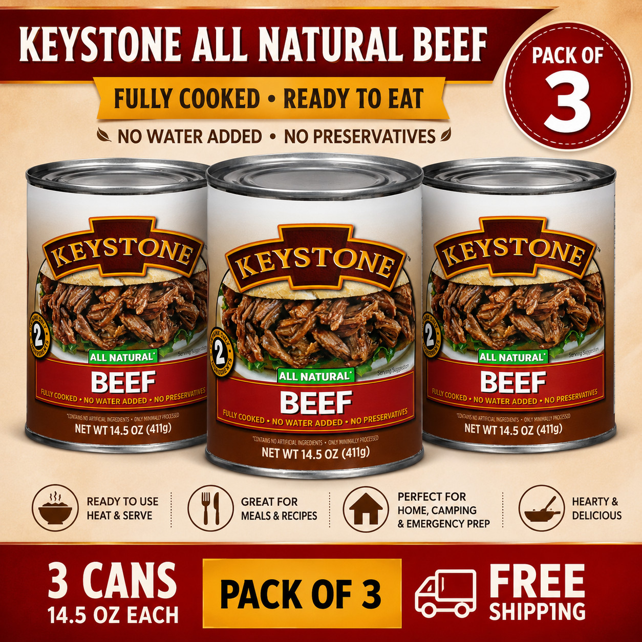 Keystone Meats All Natural Beef 3 Cans | Fully Cooked 14.5 oz Canned Meat Bulk