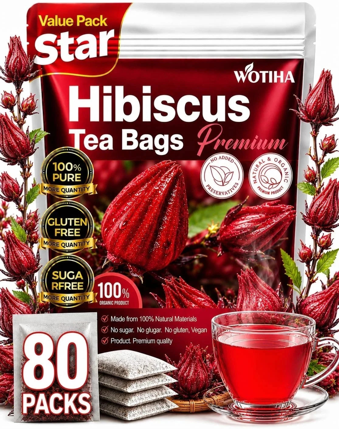 Premium 80 Hibiscus Flowers Tea Bags, 100% Natural, Handmade & Pure from Hibi