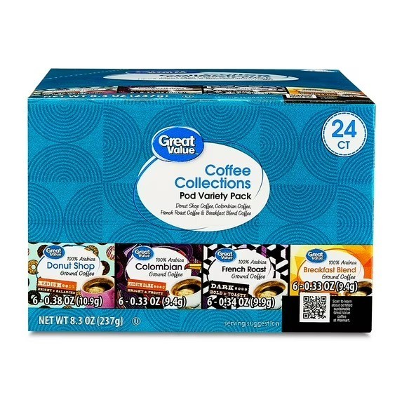 Great Value Unflavored Ground Coffee Pods Variety (Pack 8.3 oz 24 Count)