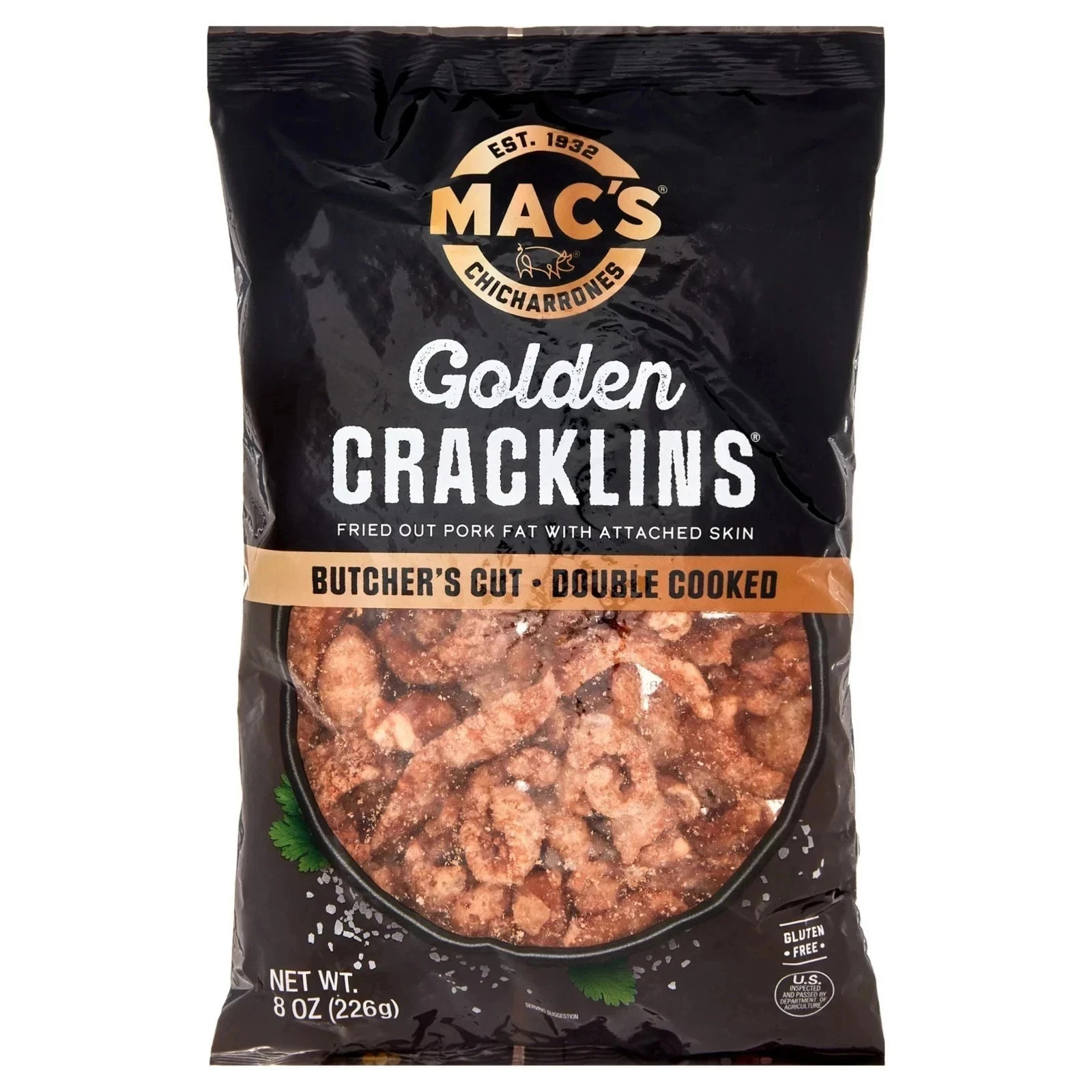 Mac’s Chicharrones Golden Pork Cracklins, Fried Pork Fat with Skin, 8 oz Bag,,