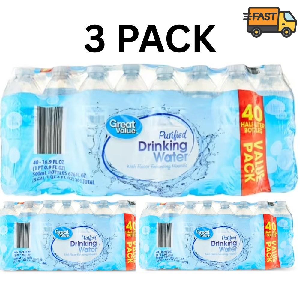 3 Pack Great Value Purified Drinking Water 40 Bottles Per Pack 16.9 fl oz