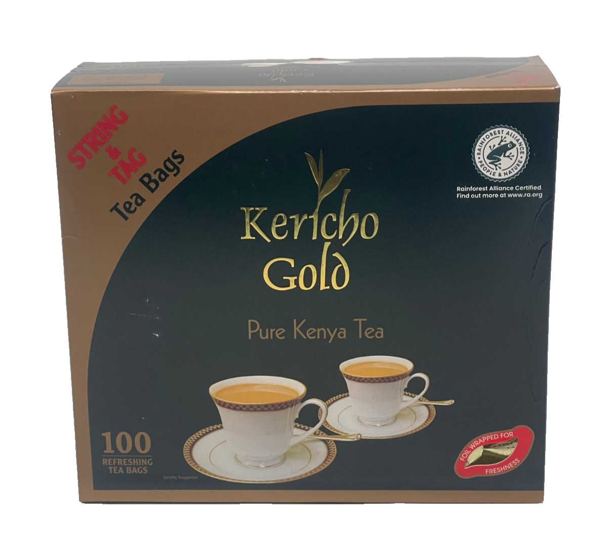 Kericho Gold Premium Black Pure Kenya Tea Bags 100 Pieces String & Tag Fairtrade