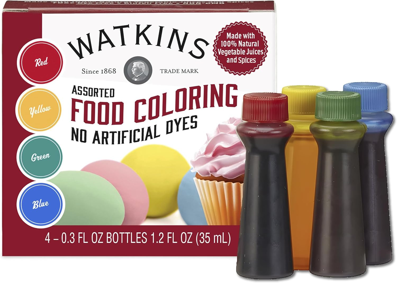 Assorted Food Coloring, 1 Each Red, Yellow, Green, Blue, Total Four 0.3 Oz Bottl