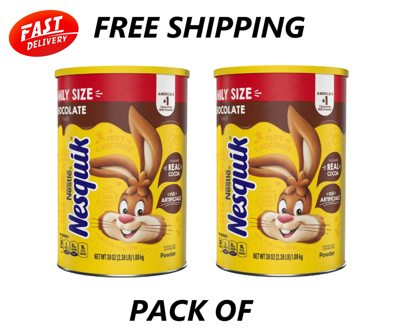 2 PACK – Nestle Nesquik Chocolate Flavor Powder Stir In Drink Mix Canister, 38oz